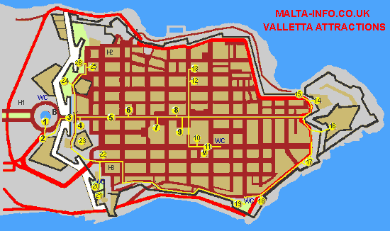 Map of Valletta showing attractions & hotels